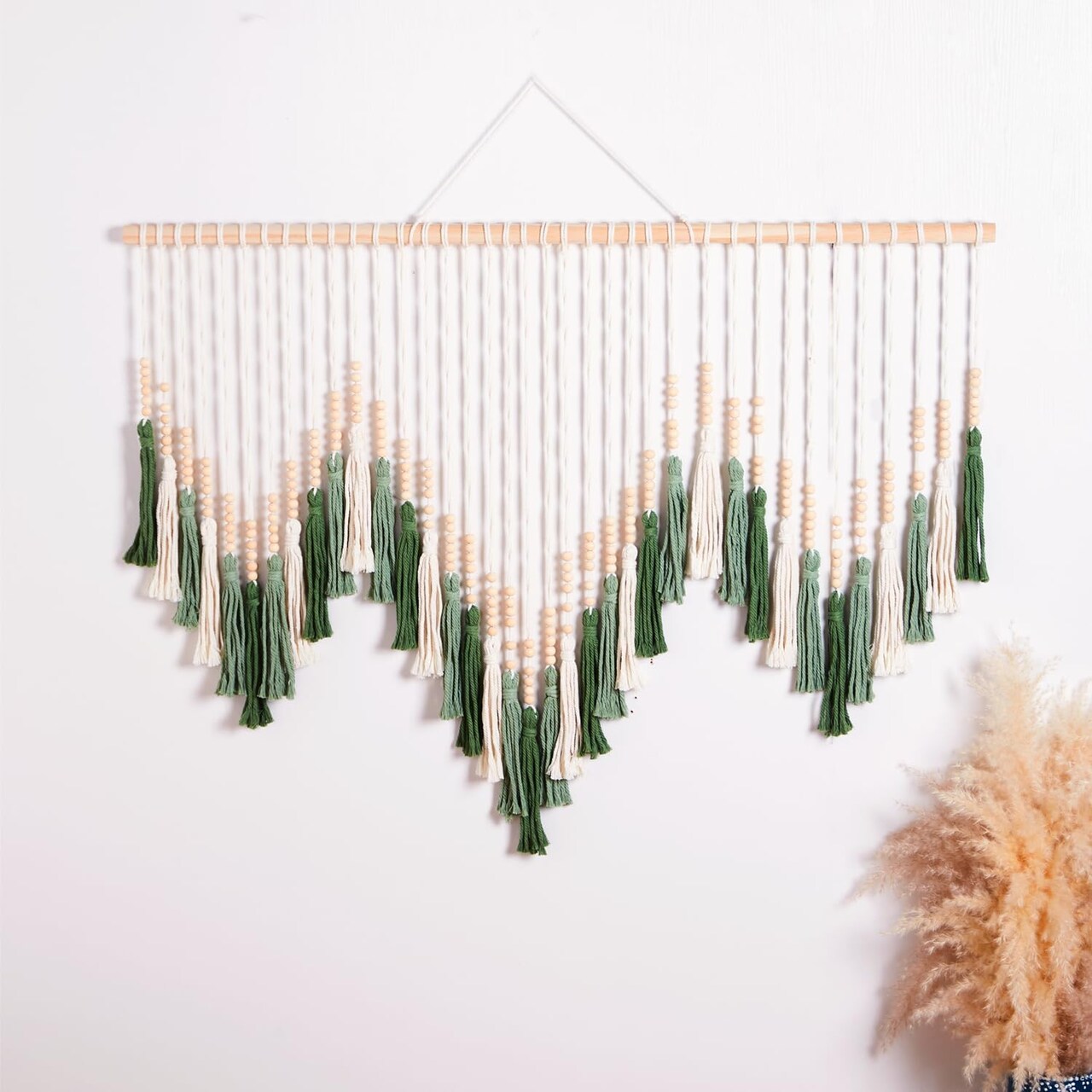 Large Macrame Wall Hanging Boho Wall decor, Large Tapestry Tassel Wall Hanging with Wood Beads,Wall art Decor for Bedroom Living Room, 43" W x 30" H (Green-triangle)